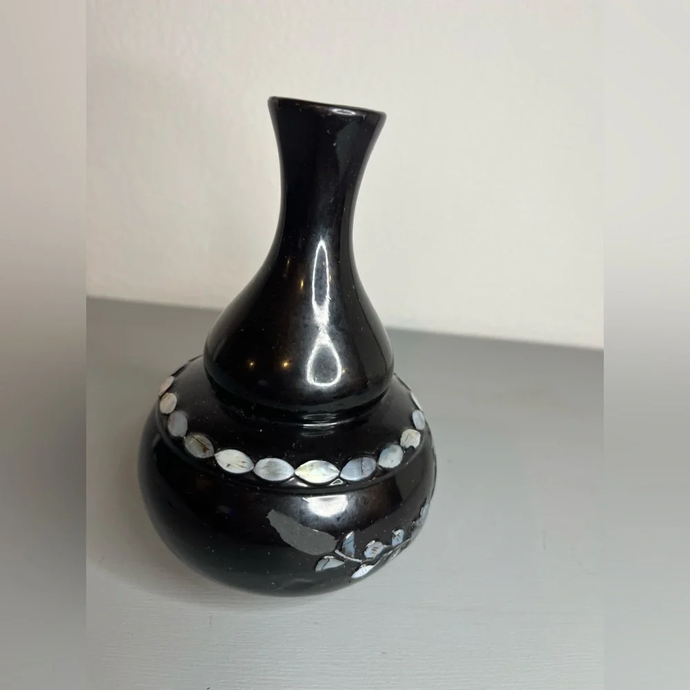 Vintage Orient Express Black Plastic Mother Of Pearl Vase Korea Floral BirdMotif